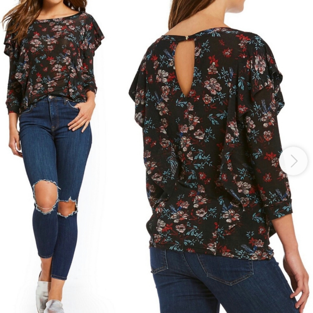 Free people floral keyhole ruffle top